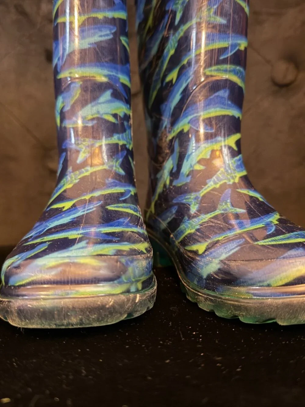 Western Chief Shark Chase Lighted Black/Blue/Green Kids Rain Boots Sz 8
